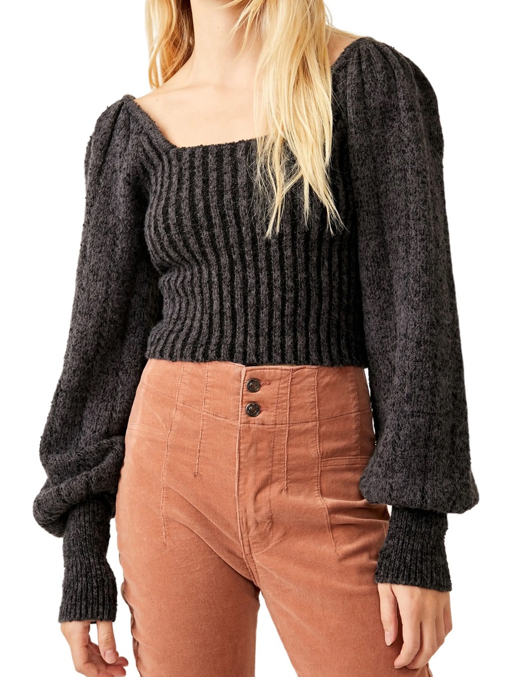 Free People Charcoal Katie Mix Stitch Square Neck Sweater